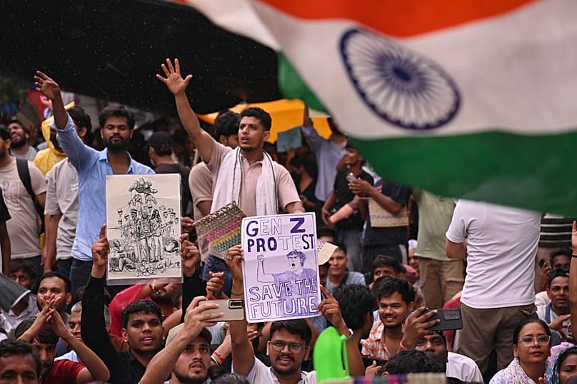 Protesters chant slogans during a demonstration demanding educational reforms in New Delhi, 24 July, 2026