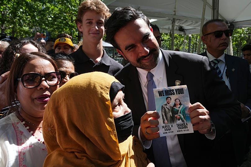 New York City Mayor Zohran Mamdani meets with people after a memorial on the 25th anniversary of the September 11, 2001, terrorist attacks, Friday, 11 Sept., 2026, in New York