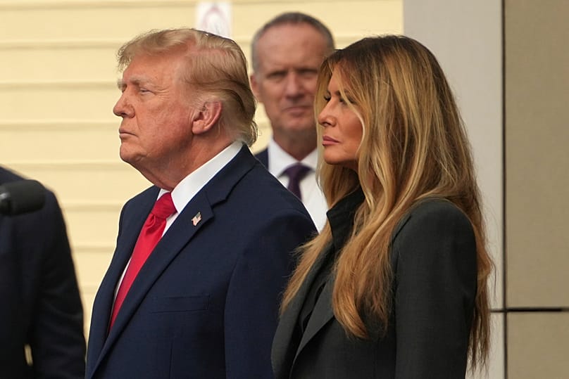 President Donald Trump, left, and first lady Melania Trump arrive at an observance ceremony on the 25th anniversary of the 9/11 attacks, Friday, 11Sept., 2026, Pentagon.