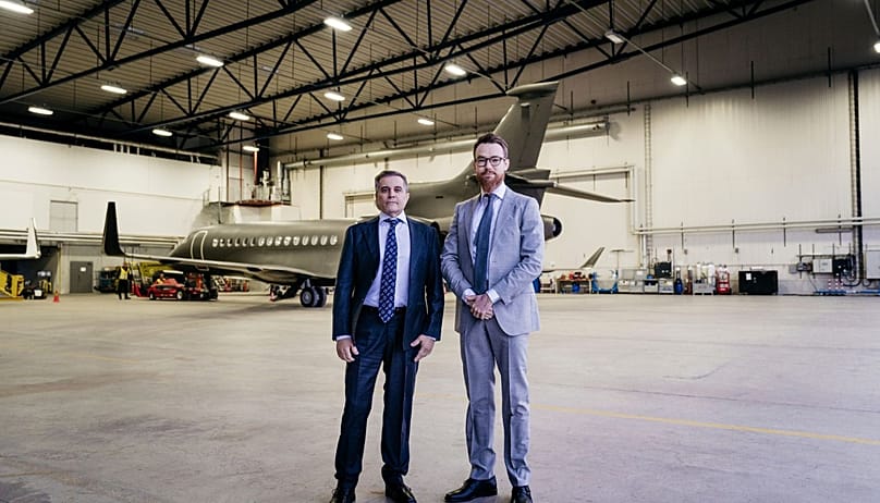 In this photo provided by the Swedish government, Saeed Azizi, left, and Johan Floderus stand together at Arlanda airport in Stockholm, Sweden, on Saturday 15 June 2024, afte