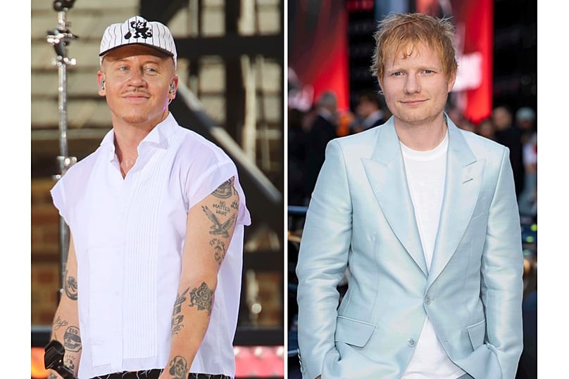 Side-by-Side, American Rapper 'Macklemore' and English singer-songwriter Ed Sheeran at the premiere of the film "F1 The Movie" in London on June 23, 2025