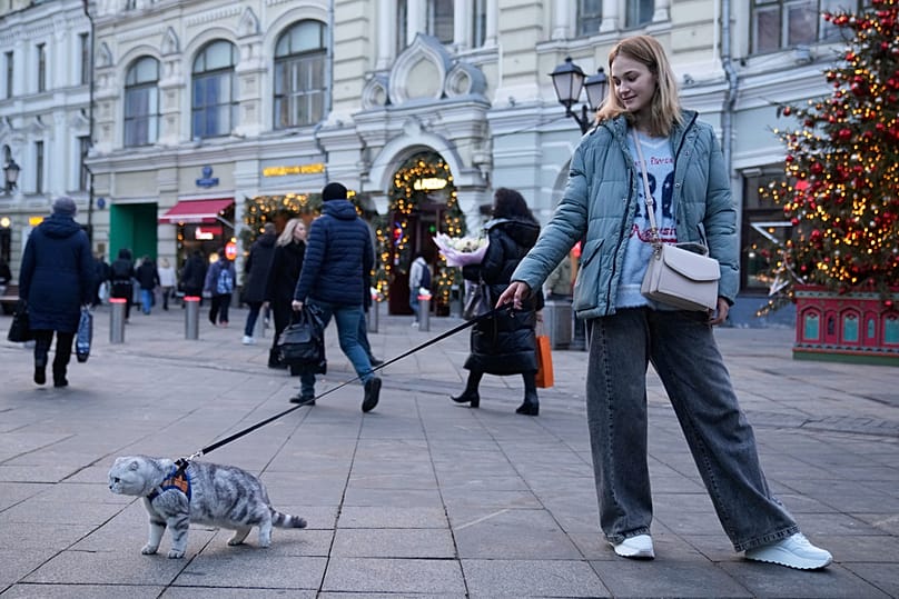 A woman walks a cat on a lead in Moscow, Wednesday, 11 March 2026.